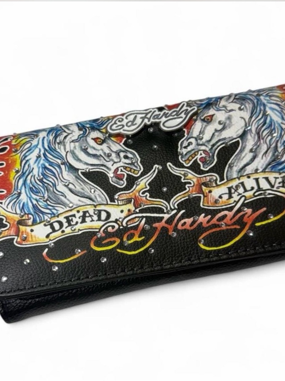 Ed Hardy Black Wallet with Colorful Horse Artwork